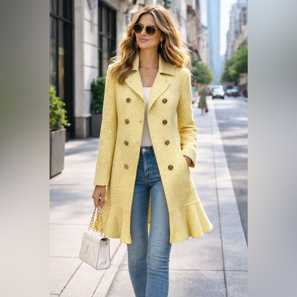 Sz S CAbi HobnobTopper Yellow Textured Trench Coat $226 MSRP